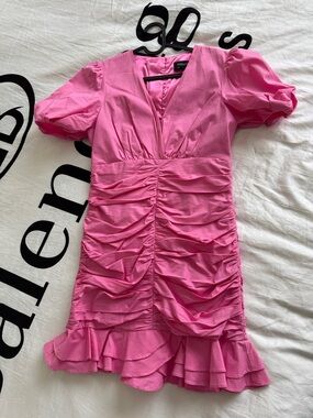 Bardot Hot Pink Ruched Ruffle Mini Dress
